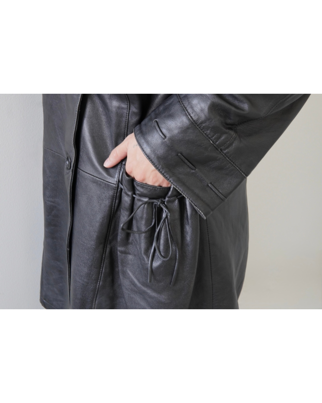 Drawstring Pocket Leather Car Coat