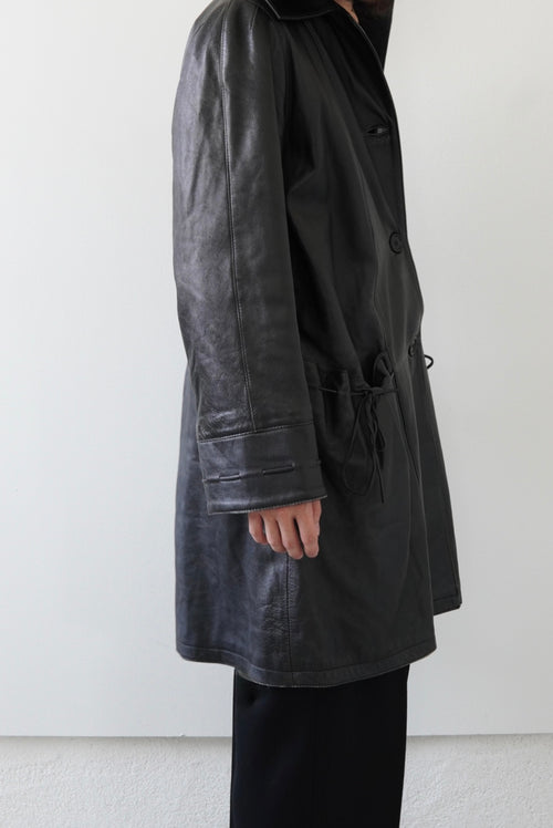 Drawstring Pocket Leather Car Coat
