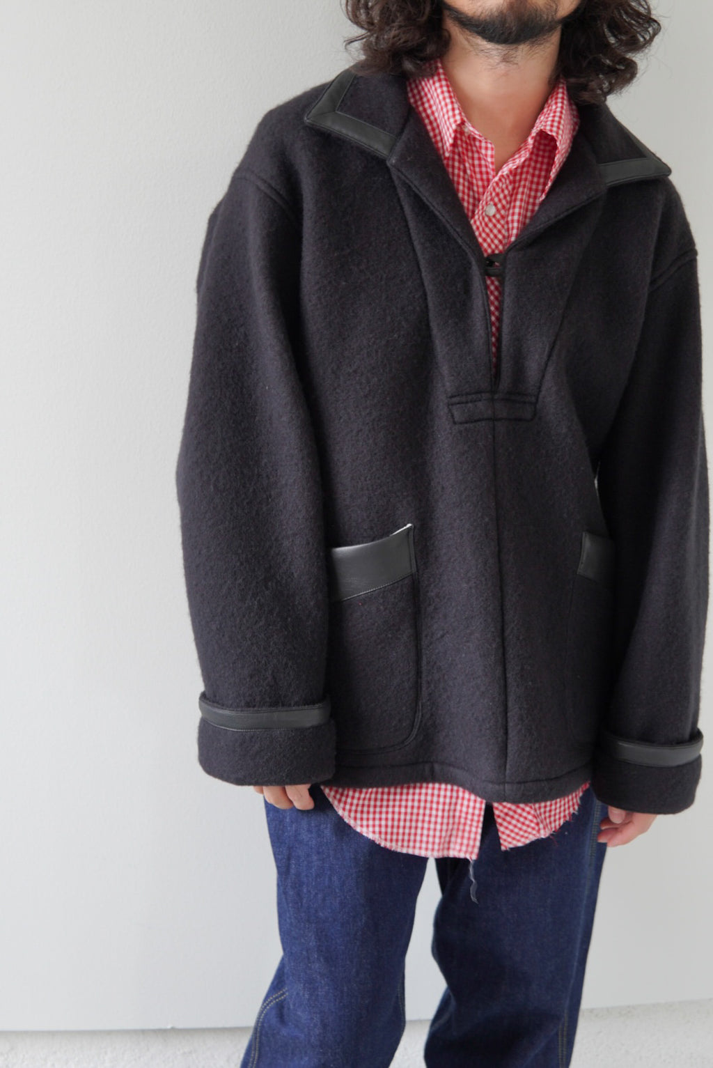 【m’s braque】FAUX LEATHER TRIM OVERSIZE PULLOVER