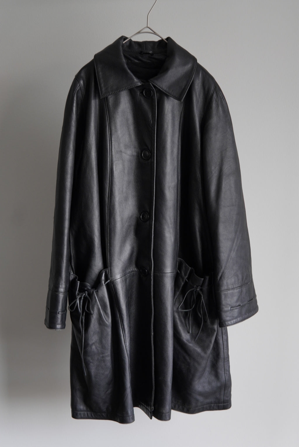 Drawstring Pocket Leather Car Coat