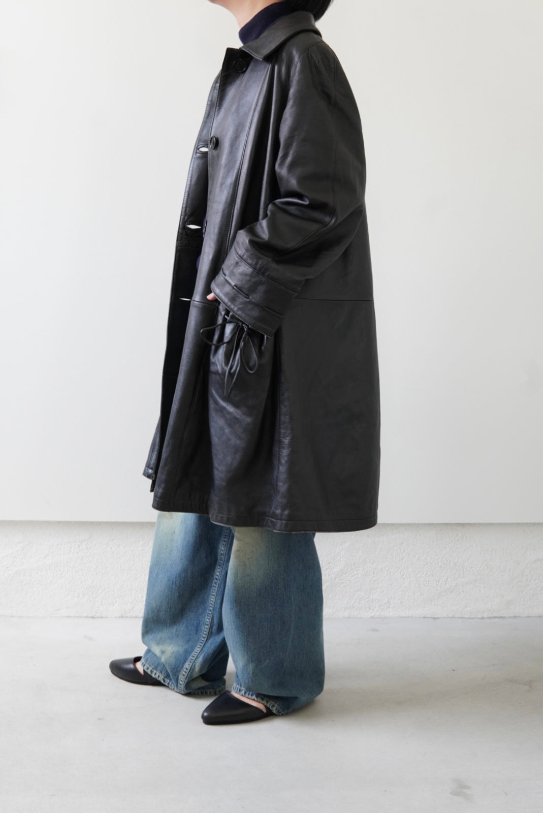 Drawstring Pocket Leather Car Coat