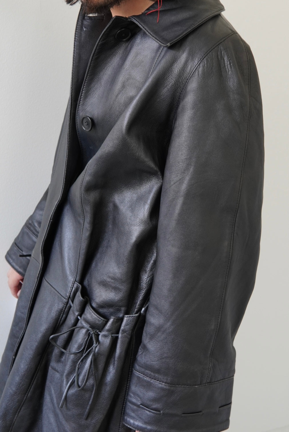 Drawstring Pocket Leather Car Coat