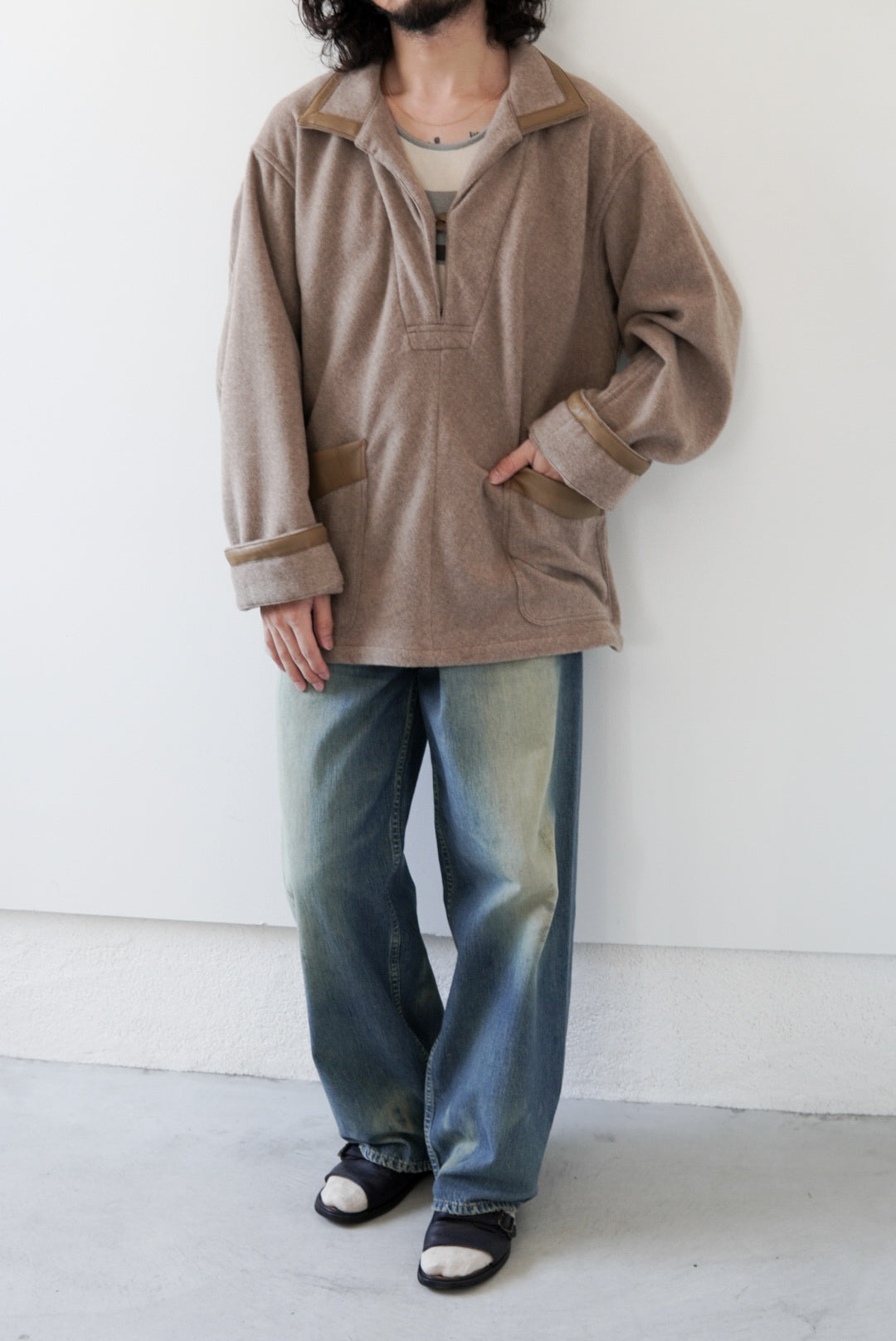 【m’s braque】FAUX LEATHER TRIM OVERSIZE PULLOVER