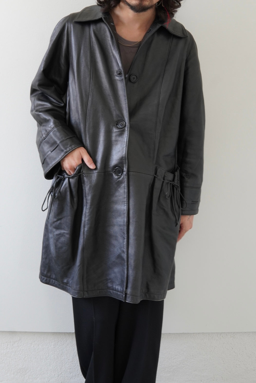 Drawstring Pocket Leather Car Coat